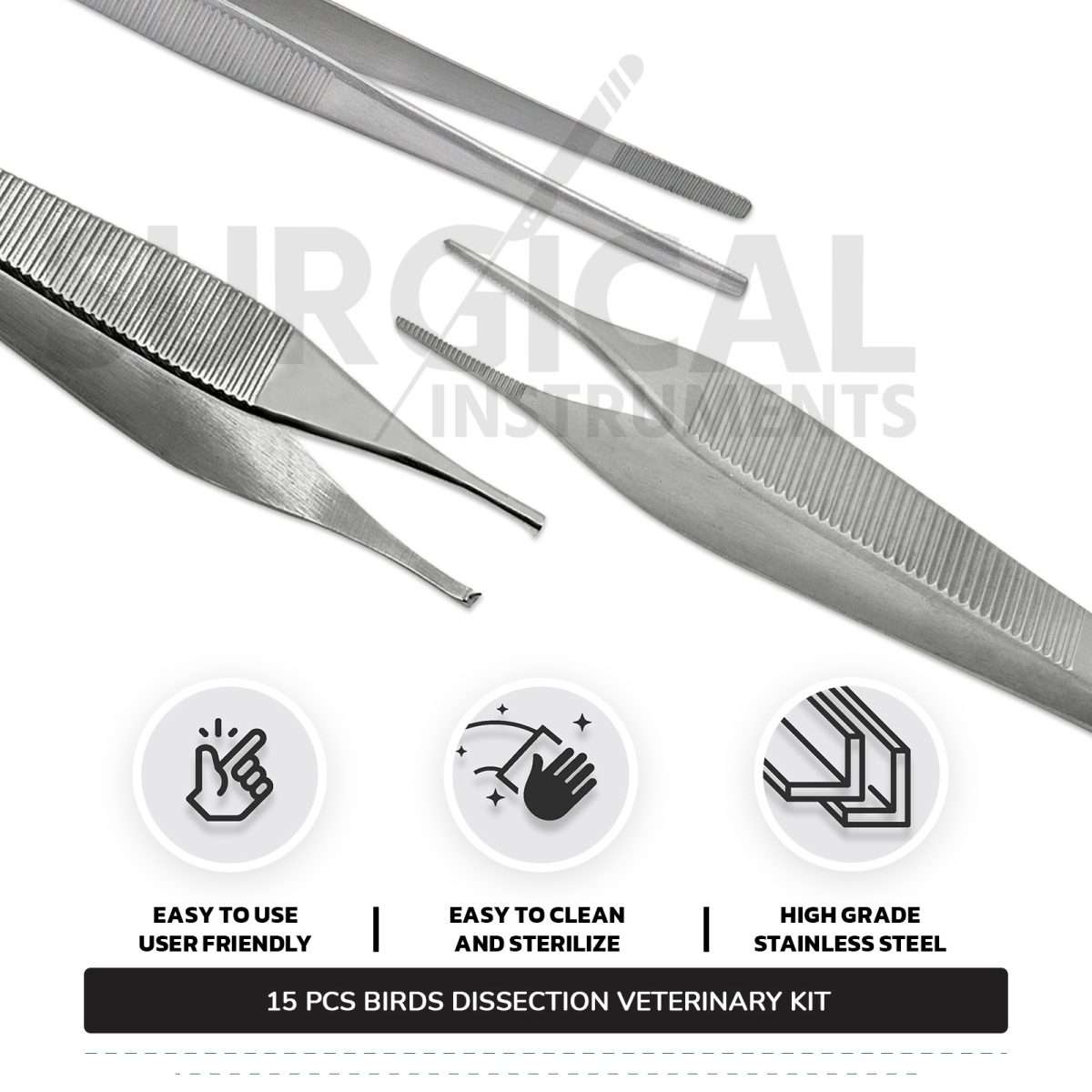15 Pcs Birds Dissection Kit Stainless Steel Surgical Veterinary Instruments Set with FREE Carrying Case