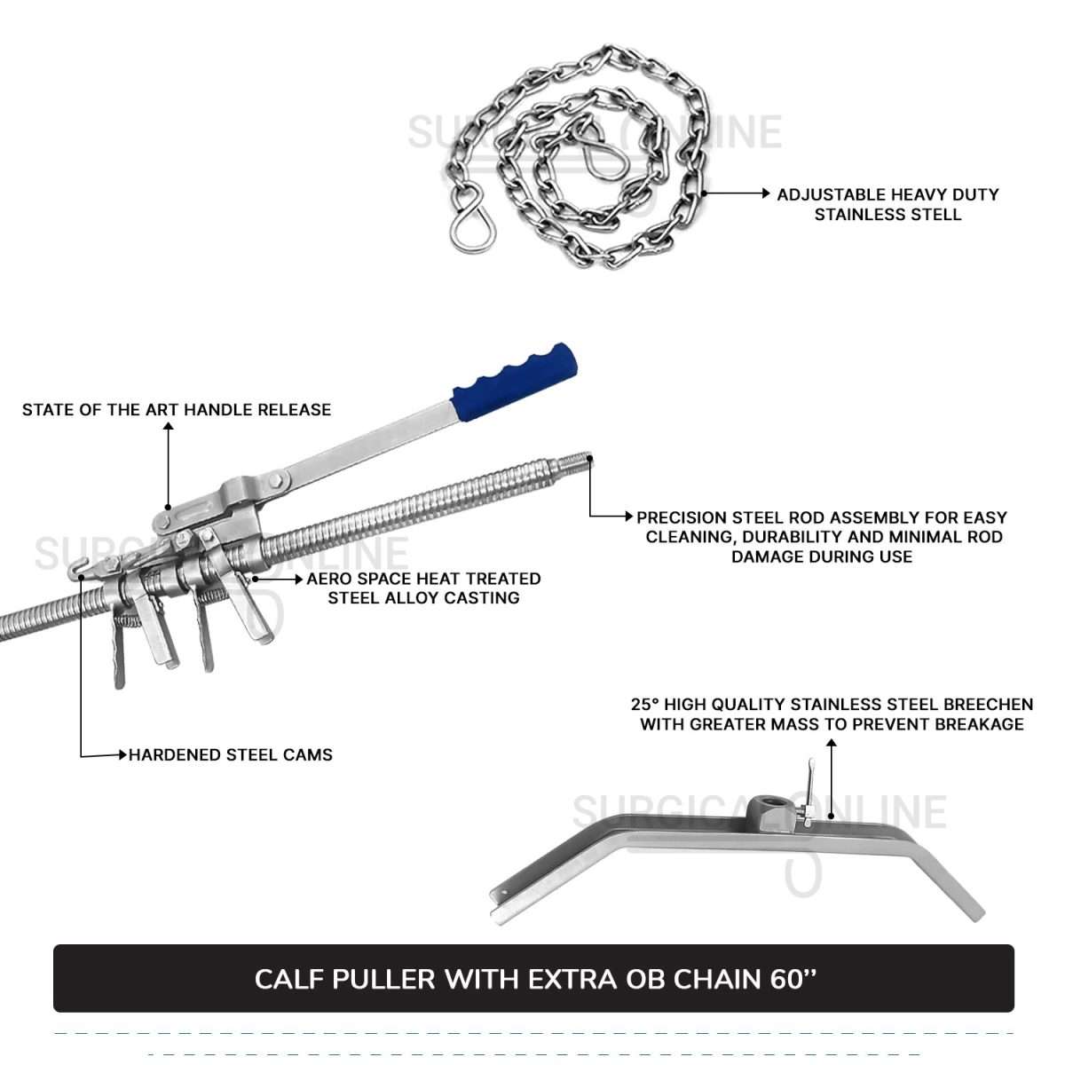 2 Pcs Calf Pulling Set, Ratchet Style Calf Puller with 60" OB Chains Surgical Veterinary Instruments
