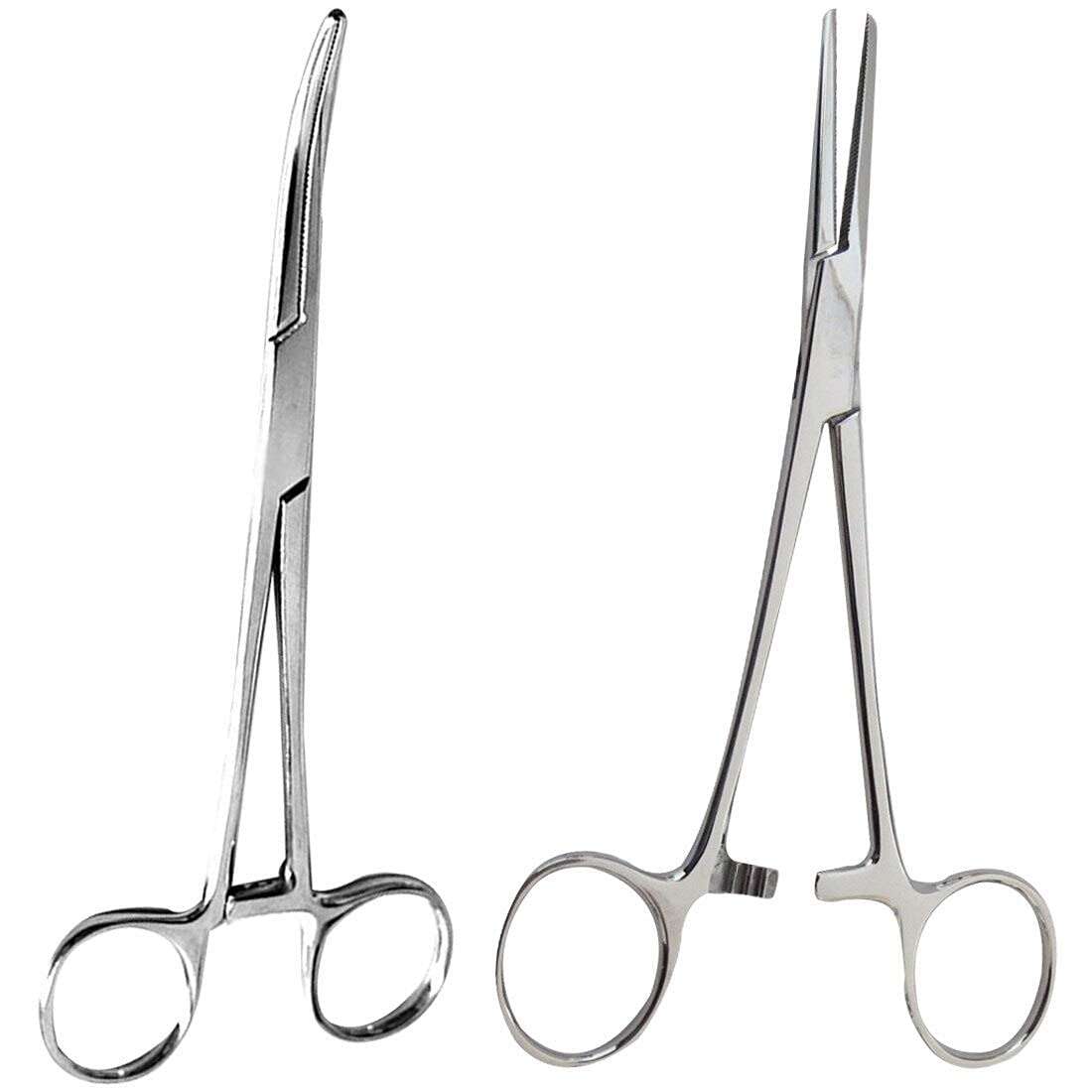 2 Piece Curved & Straight 8" Hemostat Set - Stainless Steel Locking Tweezer Clamps