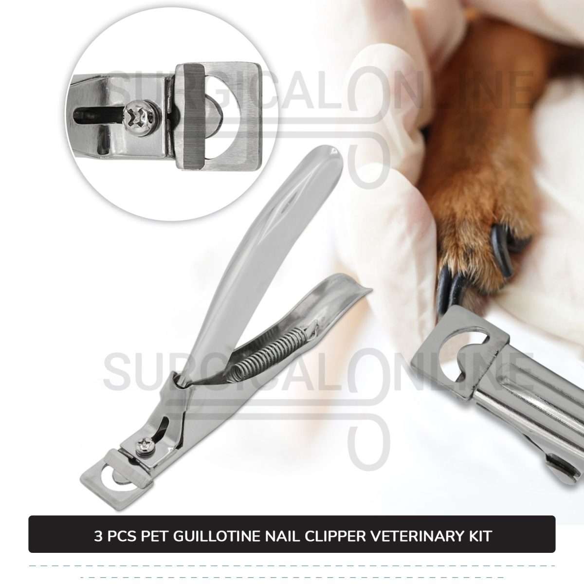 3 Pcs Guillotine Nail Clipper Kit For Pets Stainless Steel Surgical Veterinary Instruments
