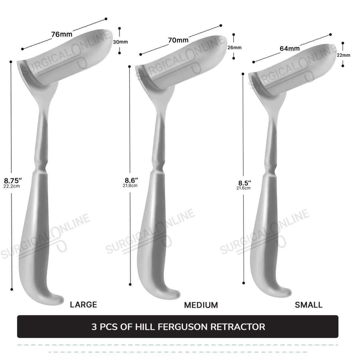 3 Pcs Hill Ferguson Rectal Retractor Set, Small, Medium, & Large Blades Surgical Veterinary