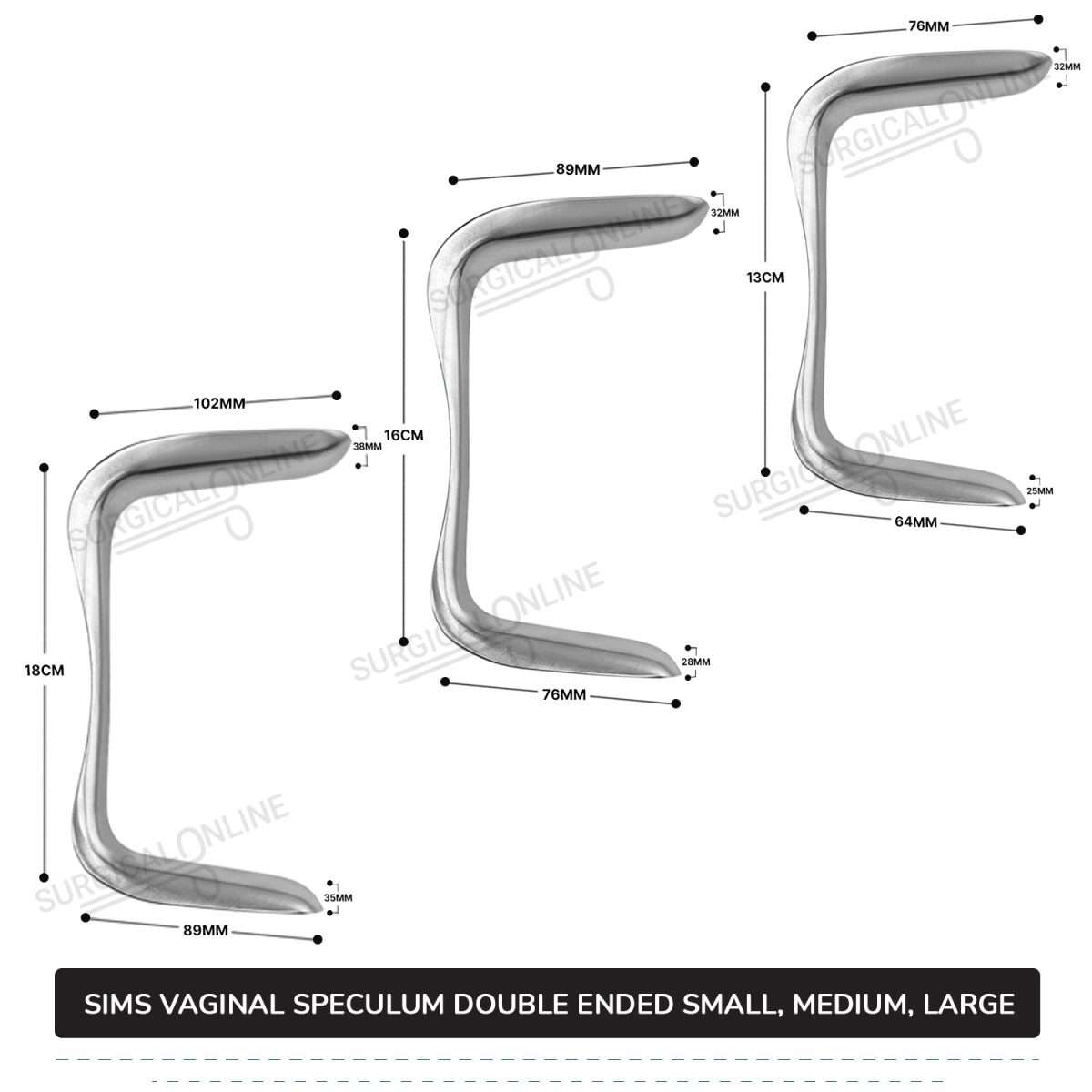3 Pcs Sims Vaginal Speculum Double-Ended Set, Small, Medium, & Large OB/GYN Instruments