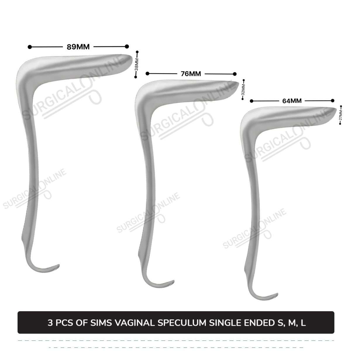 3 Pcs Sims Vaginal Speculum Set, Small, Medium, & Large Single-Ended OB/GYN Instruments