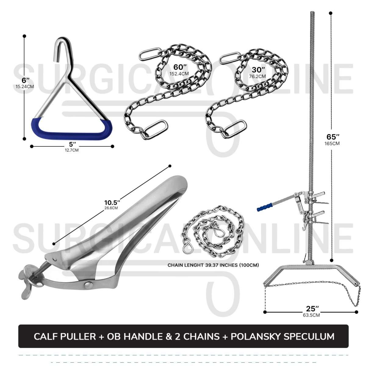 5 Pcs Calf Pulling Set, Ratchet Style Calf Puller with Polansky Speculum, OB Chains and Handles Veterinary Instruments