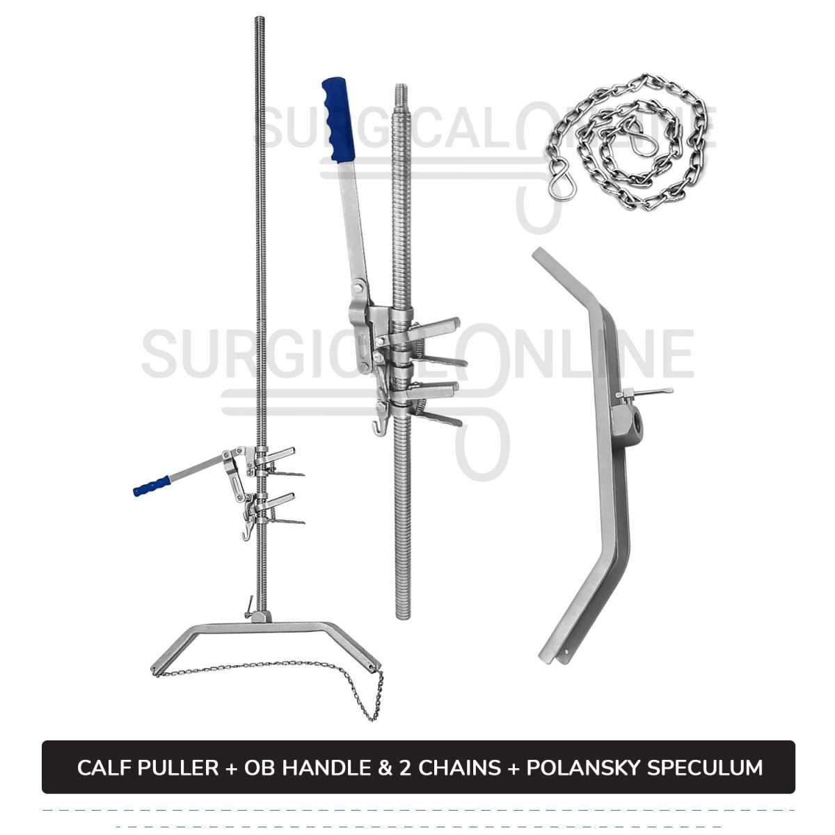 5 Pcs Calf Pulling Set, Ratchet Style Calf Puller with Polansky Speculum, OB Chains and Handles Veterinary Instruments