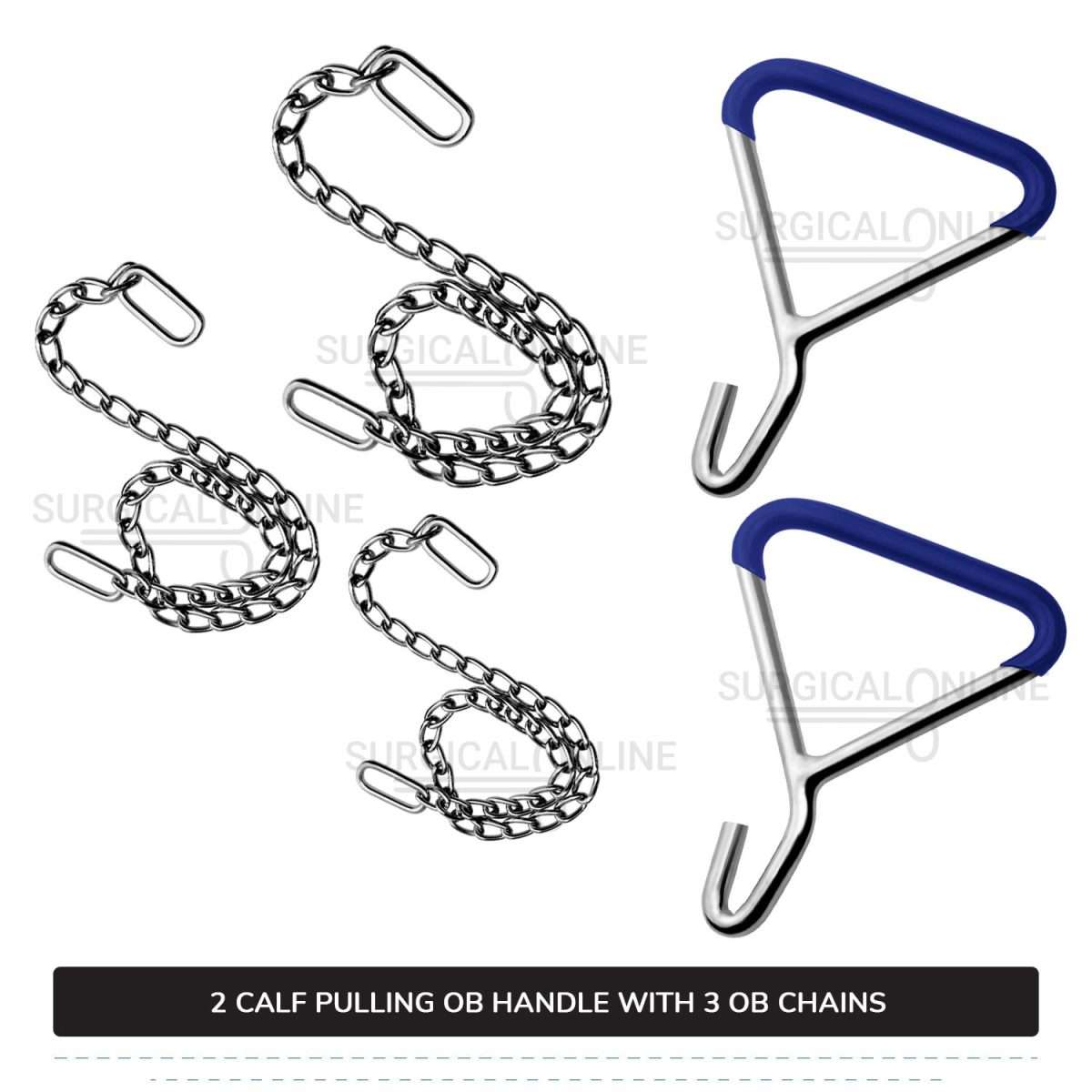 5 Pcs Cattle Birth Delivery Set, 3 Calf Pulling OB Chains 30", 45", 60" and 2 Handles Surgical Veterinary Instruments