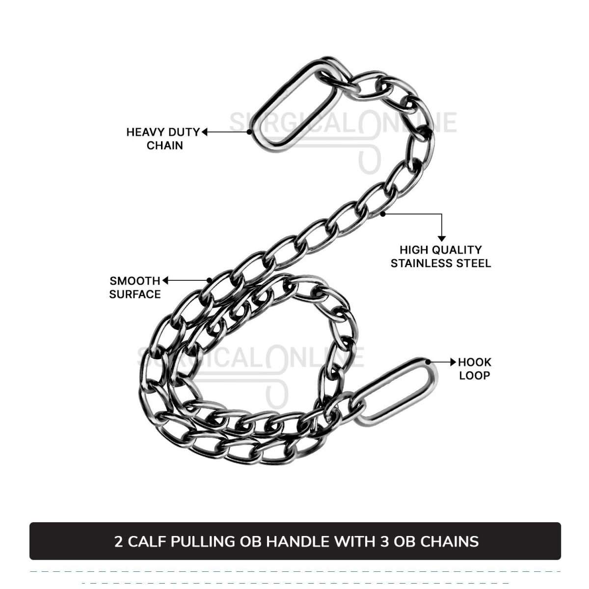 5 Pcs Cattle Birth Delivery Set, 3 Calf Pulling OB Chains 30", 45", 60" and 2 Handles Surgical Veterinary Instruments