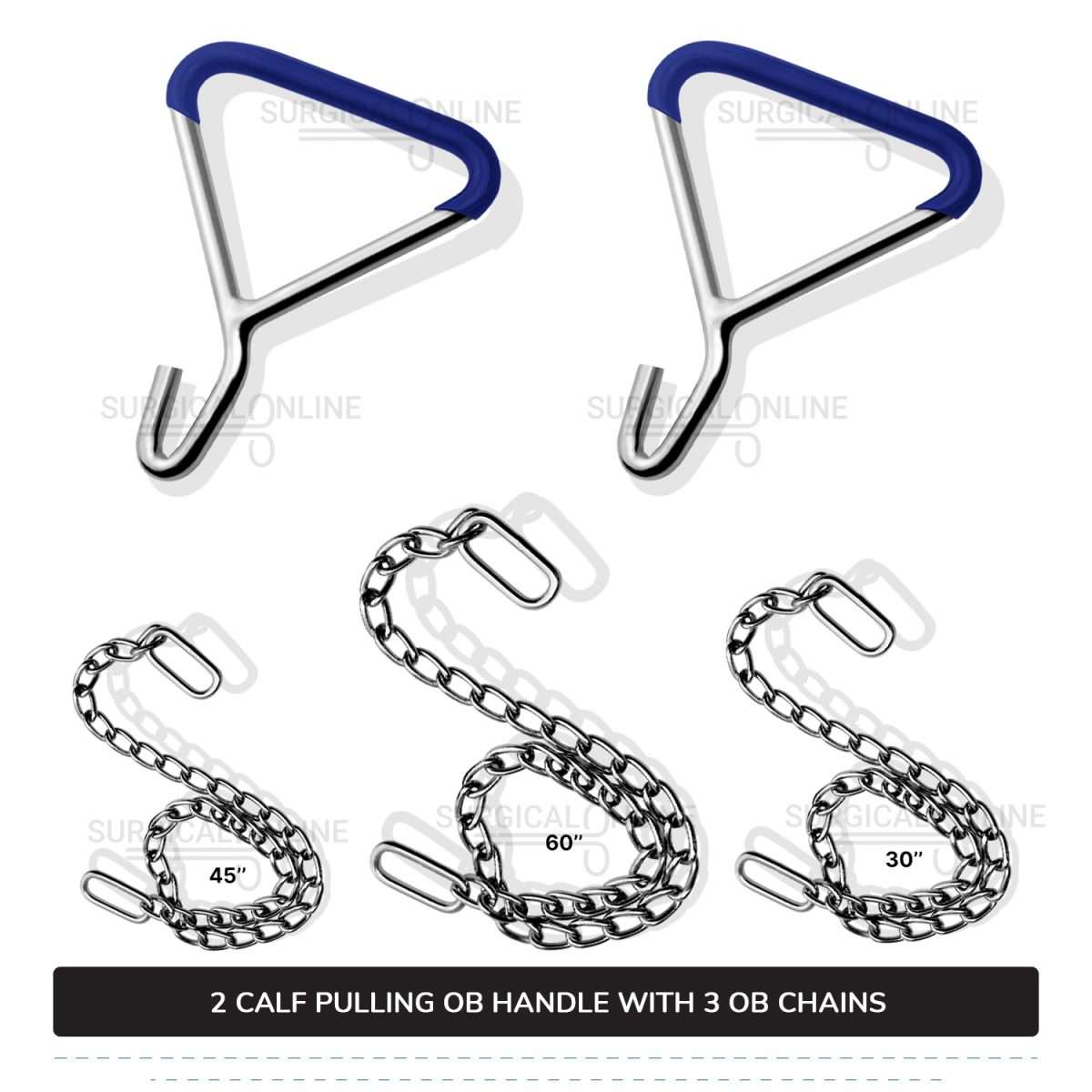 5 Pcs Cattle Birth Delivery Set, 3 Calf Pulling OB Chains 30", 45", 60" and 2 Handles Surgical Veterinary Instruments