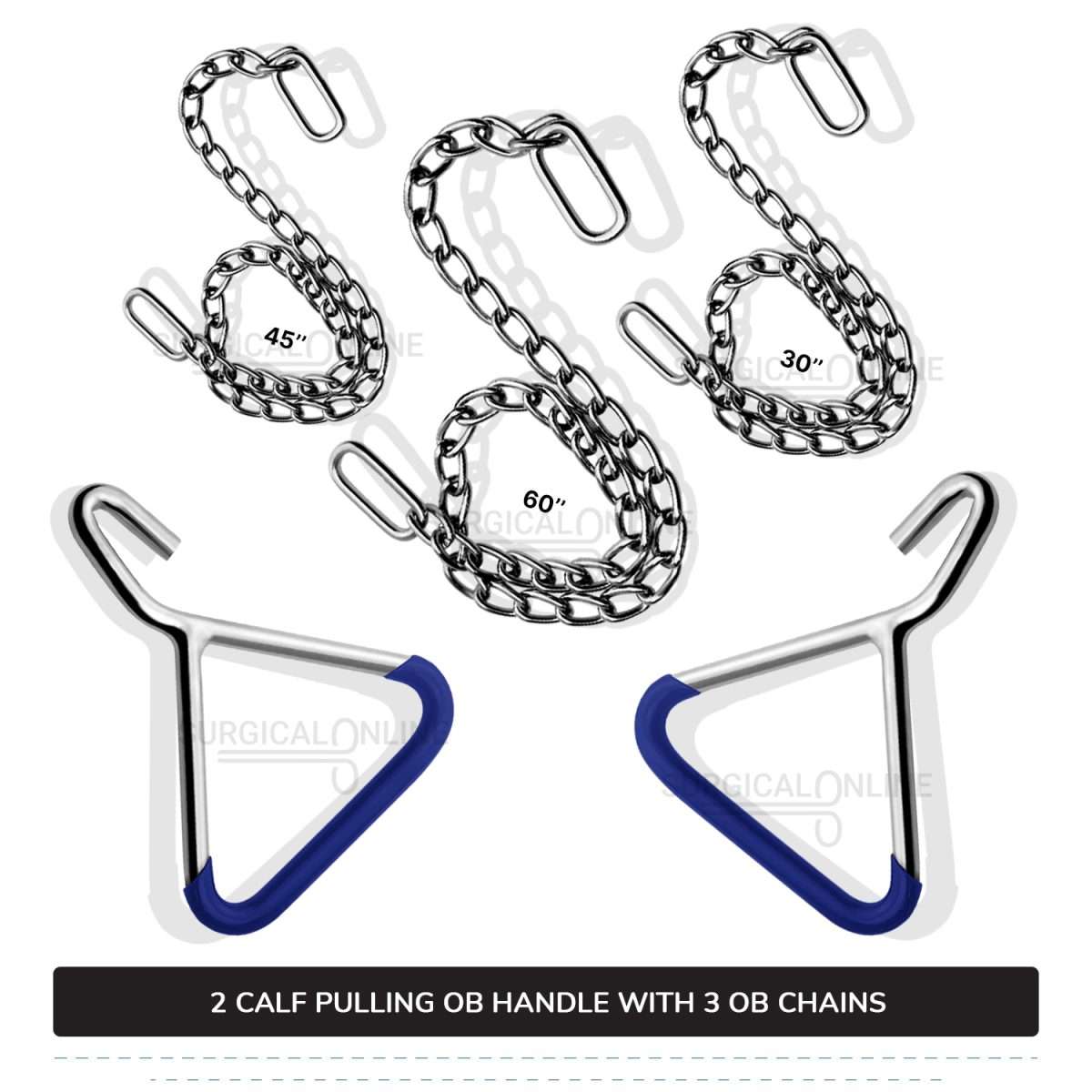 5 Pcs Cattle Birth Delivery Set, 3 Calf Pulling OB Chains 30", 45", 60" and 2 Handles Surgical Veterinary Instruments