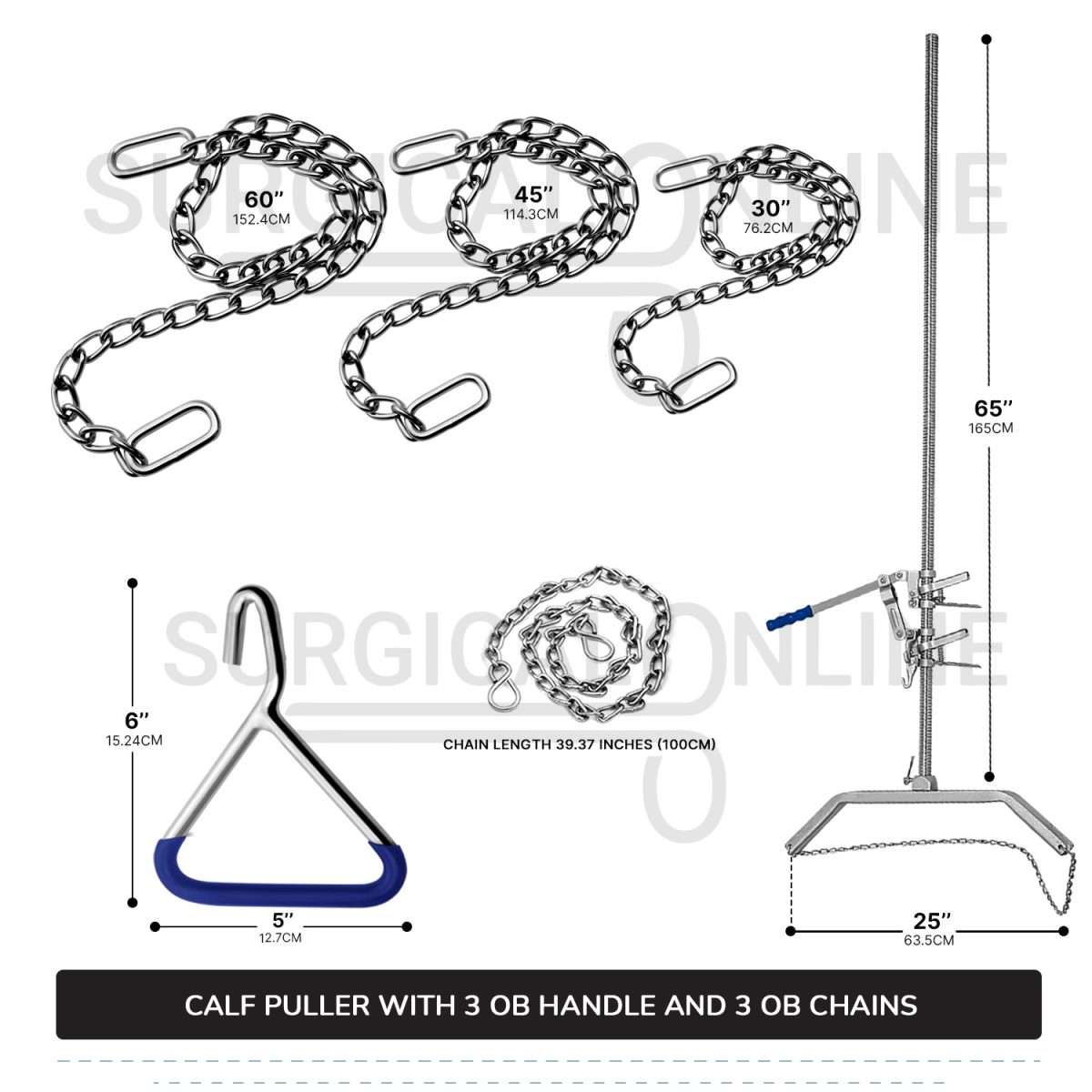 7 Pcs Calf Pulling Set, Ratchet Style Calf Puller with 3 OB Chains and 3 Handles Veterinary Instruments