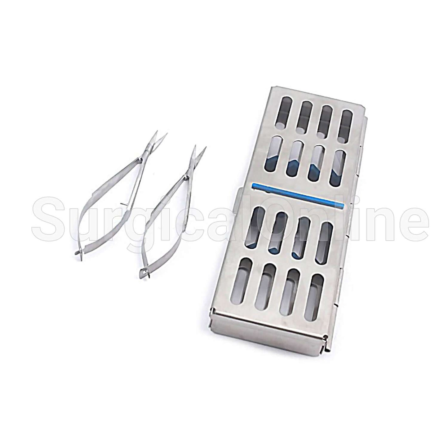 2 Castroviejo Micro Scissors Curved+Straight Tip 4.5" W/Sterilization Cassette