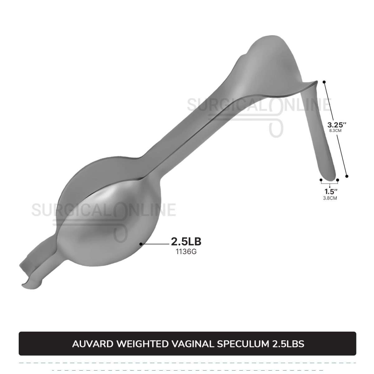 Auvard Weighted Speculum 2.50Lbs (1136 G), Straight Blade 1 1/2″ (3.8 cm) X 3 1/4″ (8.3 cm), Slightly Angled 75°