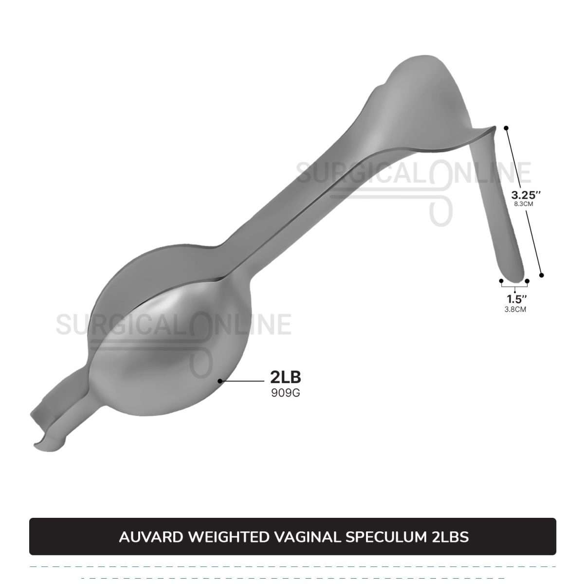 Auvard Weighted Speculum 2Lbs (909 G), Straight Blade 1 1/2" (3.8 cm) X 3 1/4" (8.3 cm), Slightly Angled 75°