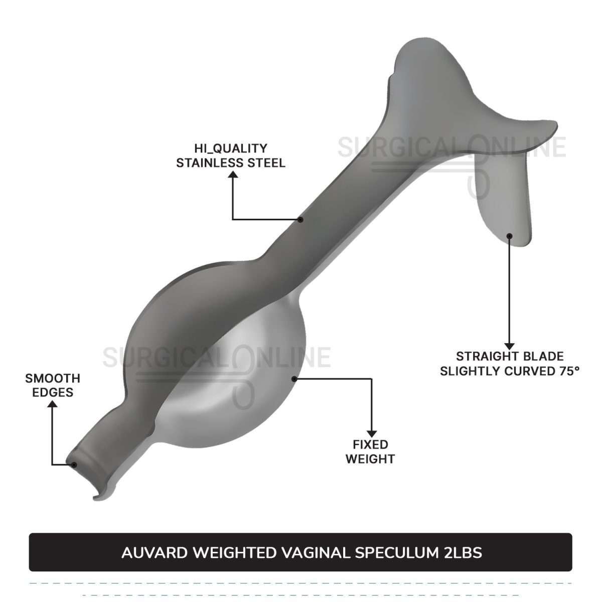 Auvard Weighted Speculum 2Lbs (909 G), Straight Blade 1 1/2" (3.8 cm) X 3 1/4" (8.3 cm), Slightly Angled 75°