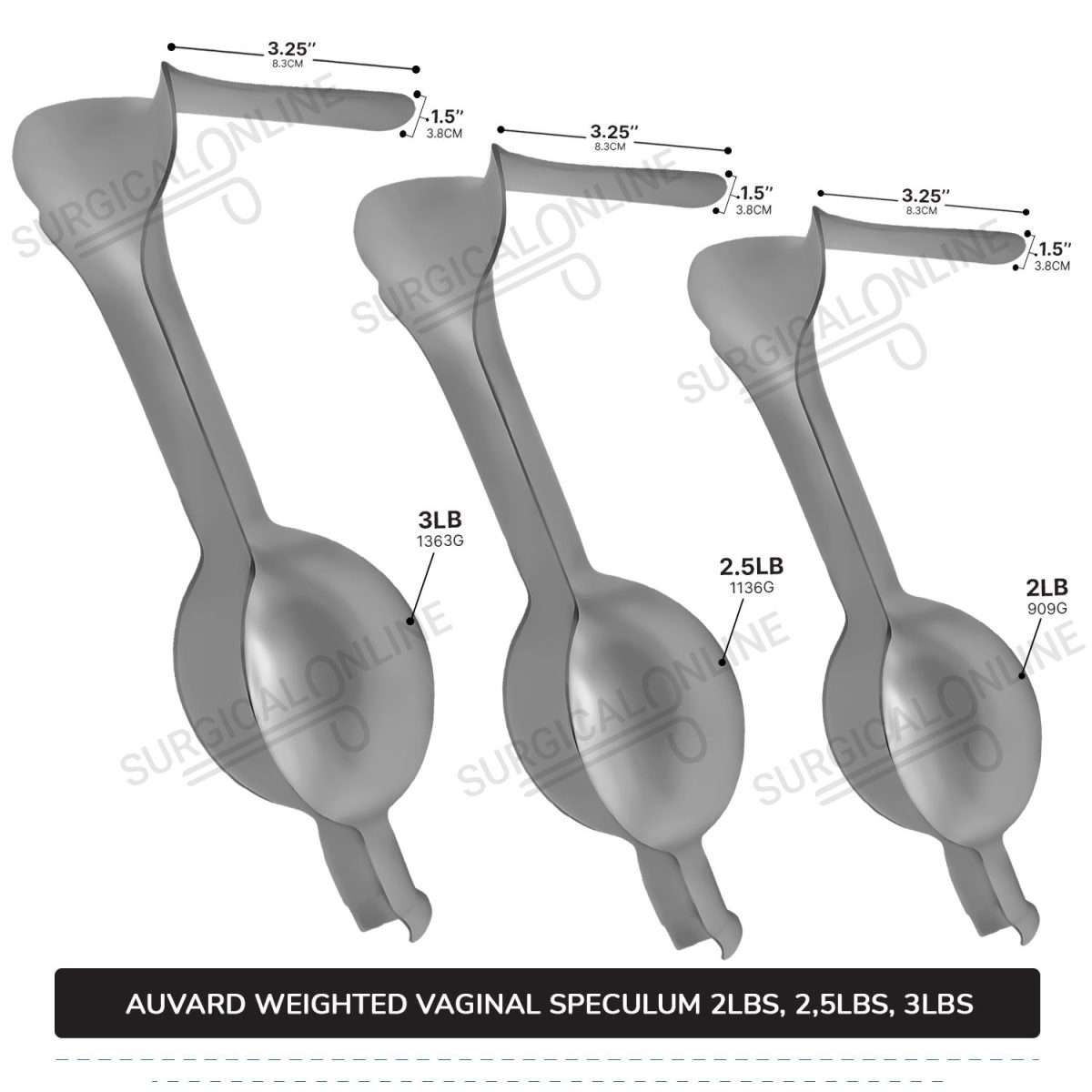 Auvard Weighted Speculums Set of 3 Pcs 2Lbs, 2.50Lbs, & 3Lbs Straight Blade Slightly Angled 75°