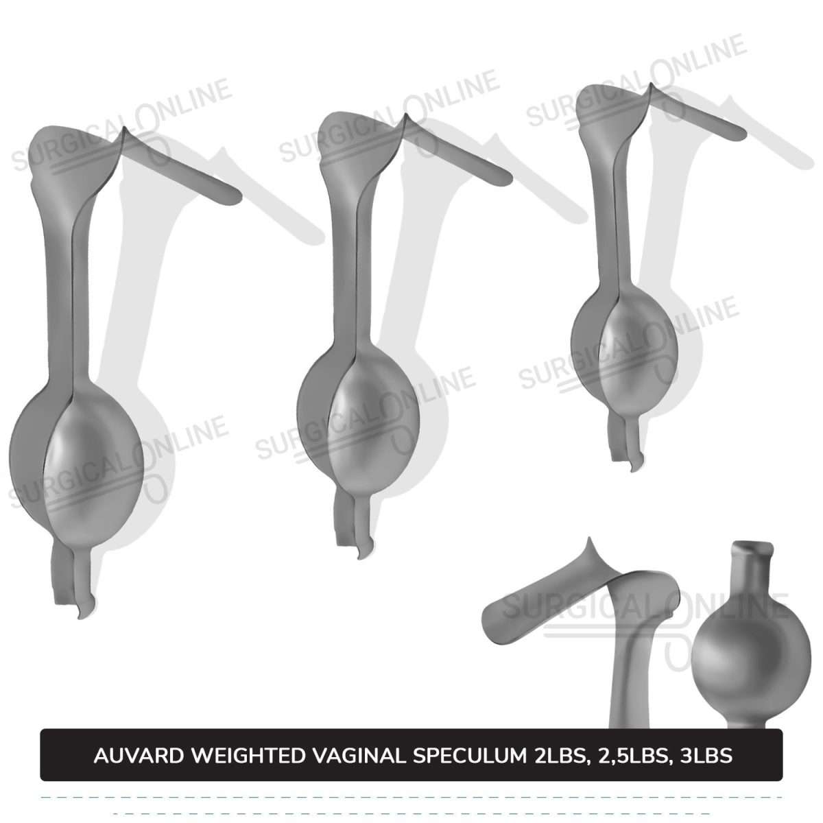 Auvard Weighted Speculums Set of 3 Pcs 2Lbs, 2.50Lbs, & 3Lbs Straight Blade Slightly Angled 75°
