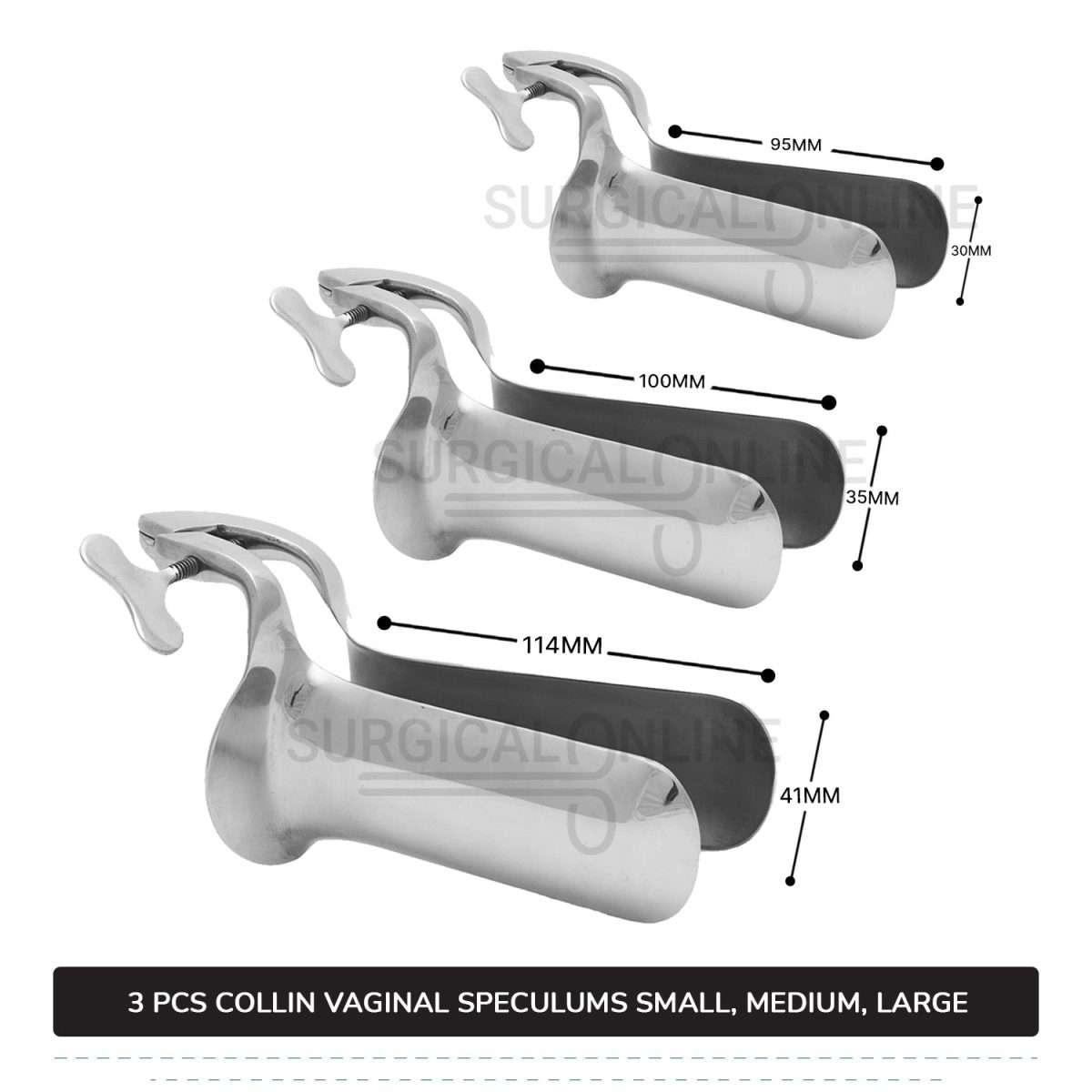 Set of 3 Pcs Collin Vaginal Speculum, Small, Medium, & Large OB/GYN