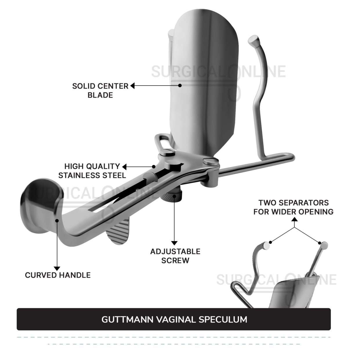 Guttmann Vaginal Speculum 9" (22.9 cm) Long, 4" (10.2 cm) x 1 3/8" (3.5 cm) Solid Center Blade