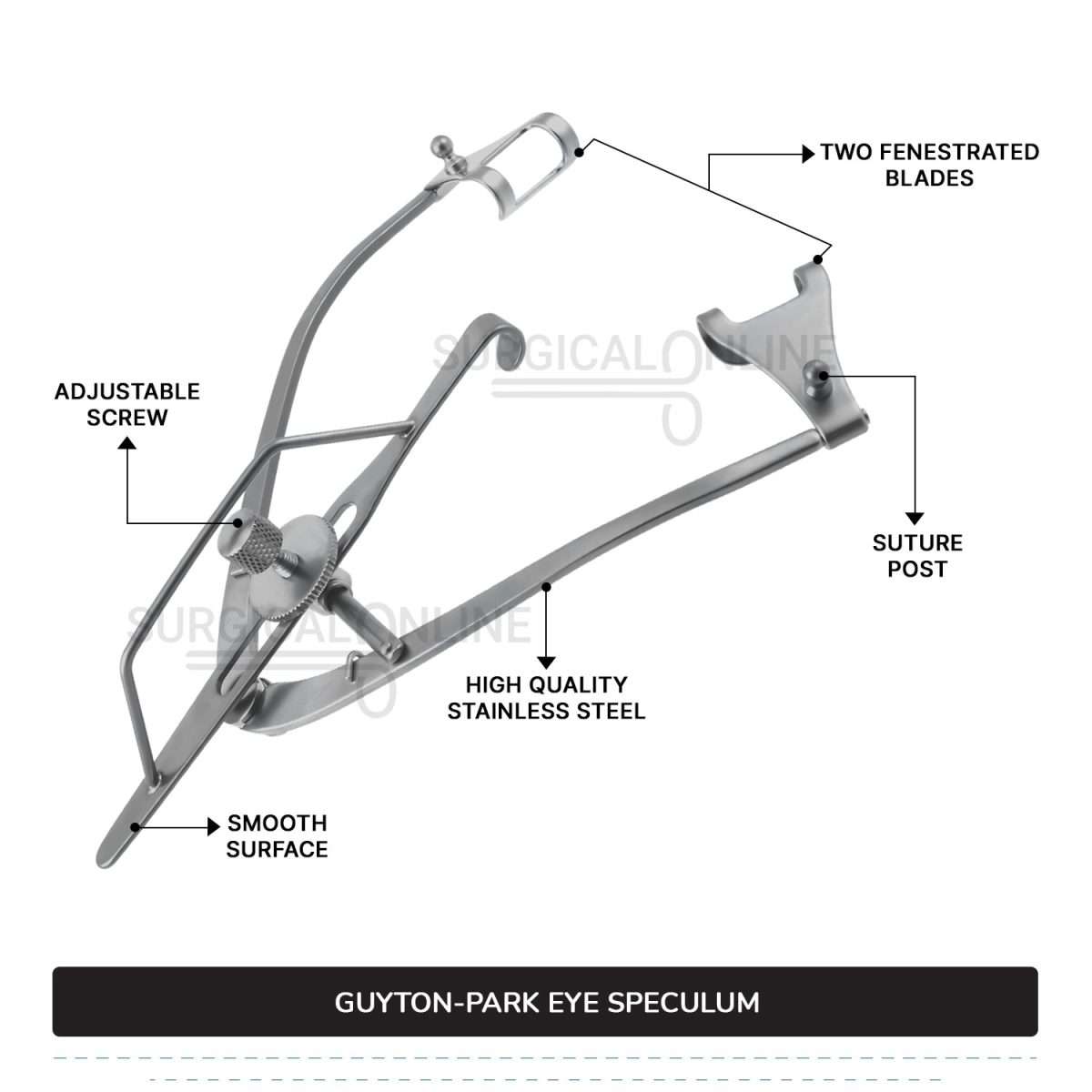 Guyton-Park Eye Speculum 3 1/2" (8.9 cm), Fenestrated Blades 14 mm wide, with Suture Posts Ophthalmic Instruments
