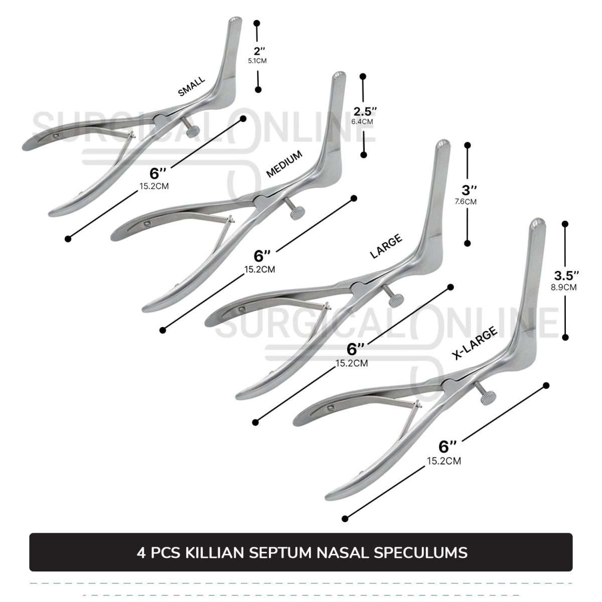 4 Pcs Killian Nasal Speculum Set Small, Medium, Large, & X-Large Rhinology
