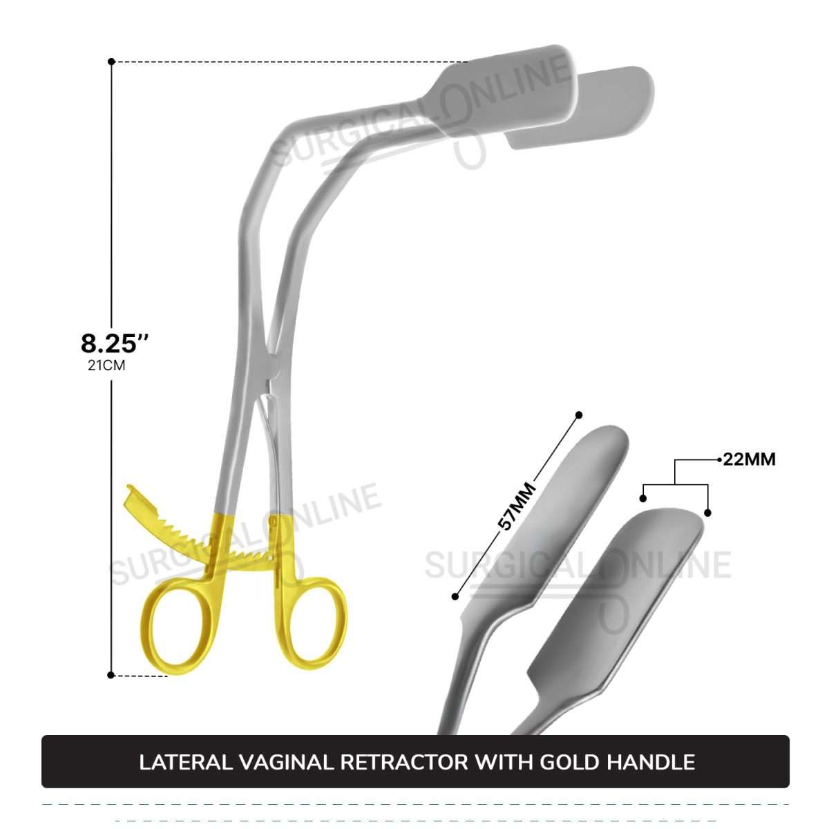 Lateral Vaginal Retractor 8 1/4" (21cm), With Extra Long Thumb Ratchet Retracts Up To A Full 2 1/4" (5.7cm) Gold Handle