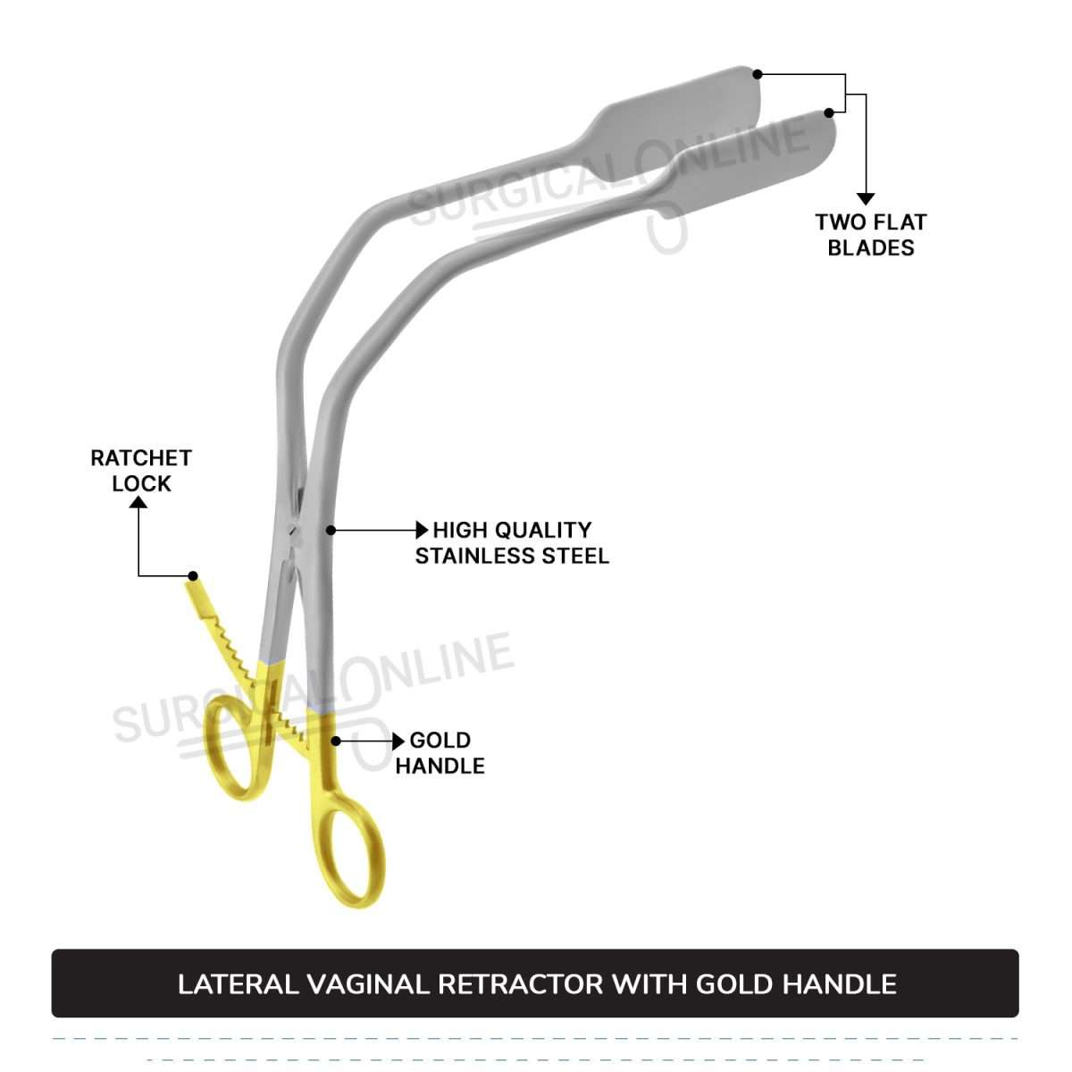 Lateral Vaginal Retractor 8 1/4" (21cm), With Extra Long Thumb Ratchet Retracts Up To A Full 2 1/4" (5.7cm) Gold Handle