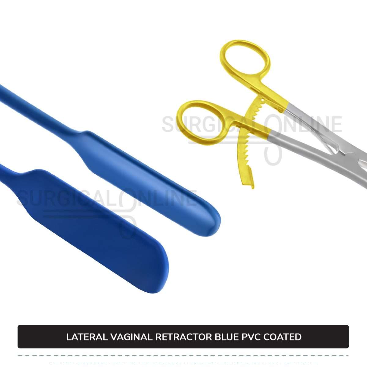 Lateral Vaginal Wall Retractor 8 1/4" (21cm) Long, Blue PVC Coated Non-Conductive Blades with Gold Long Ratchet Handle
