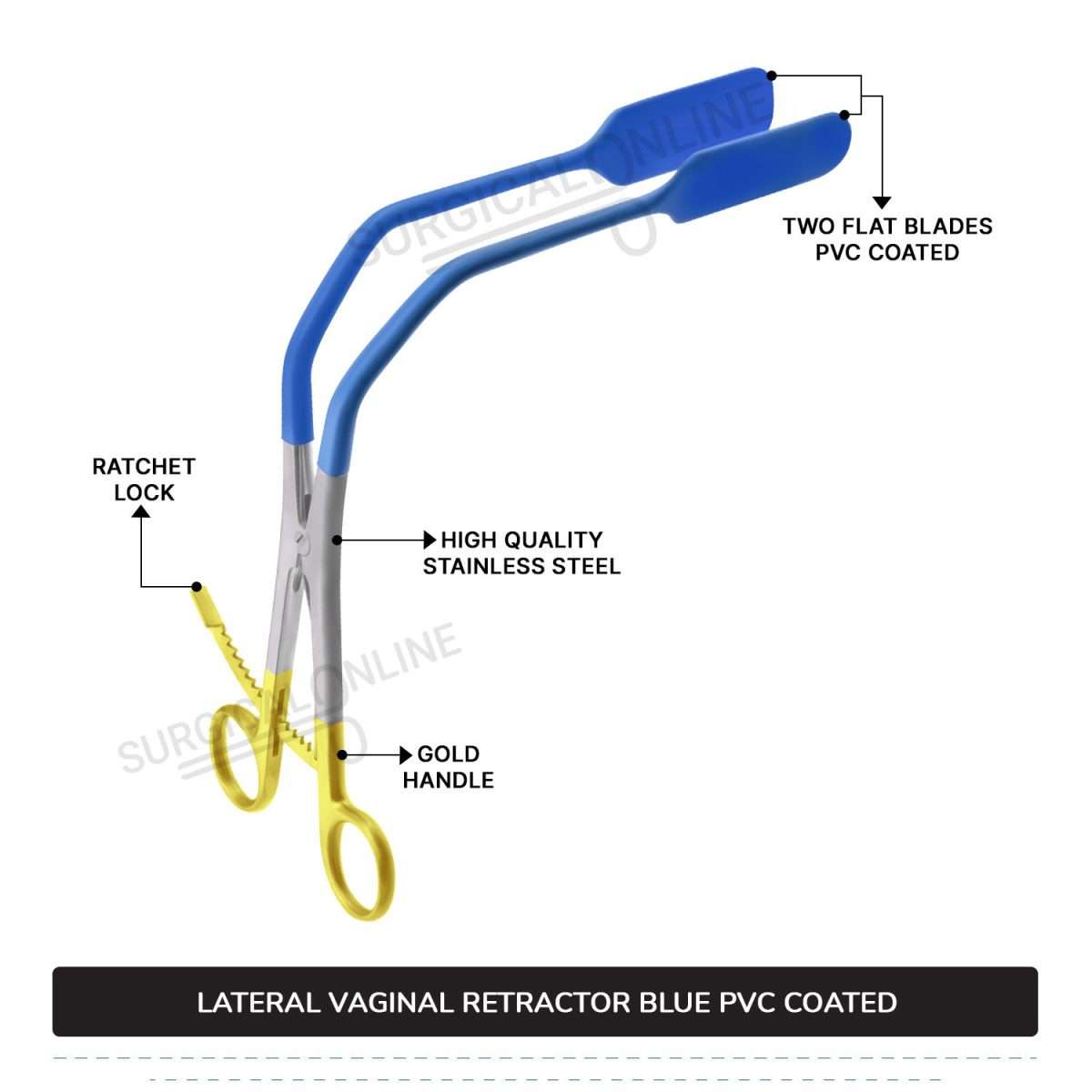 Lateral Vaginal Wall Retractor 8 1/4" (21cm) Long, Blue PVC Coated Non-Conductive Blades with Gold Long Ratchet Handle