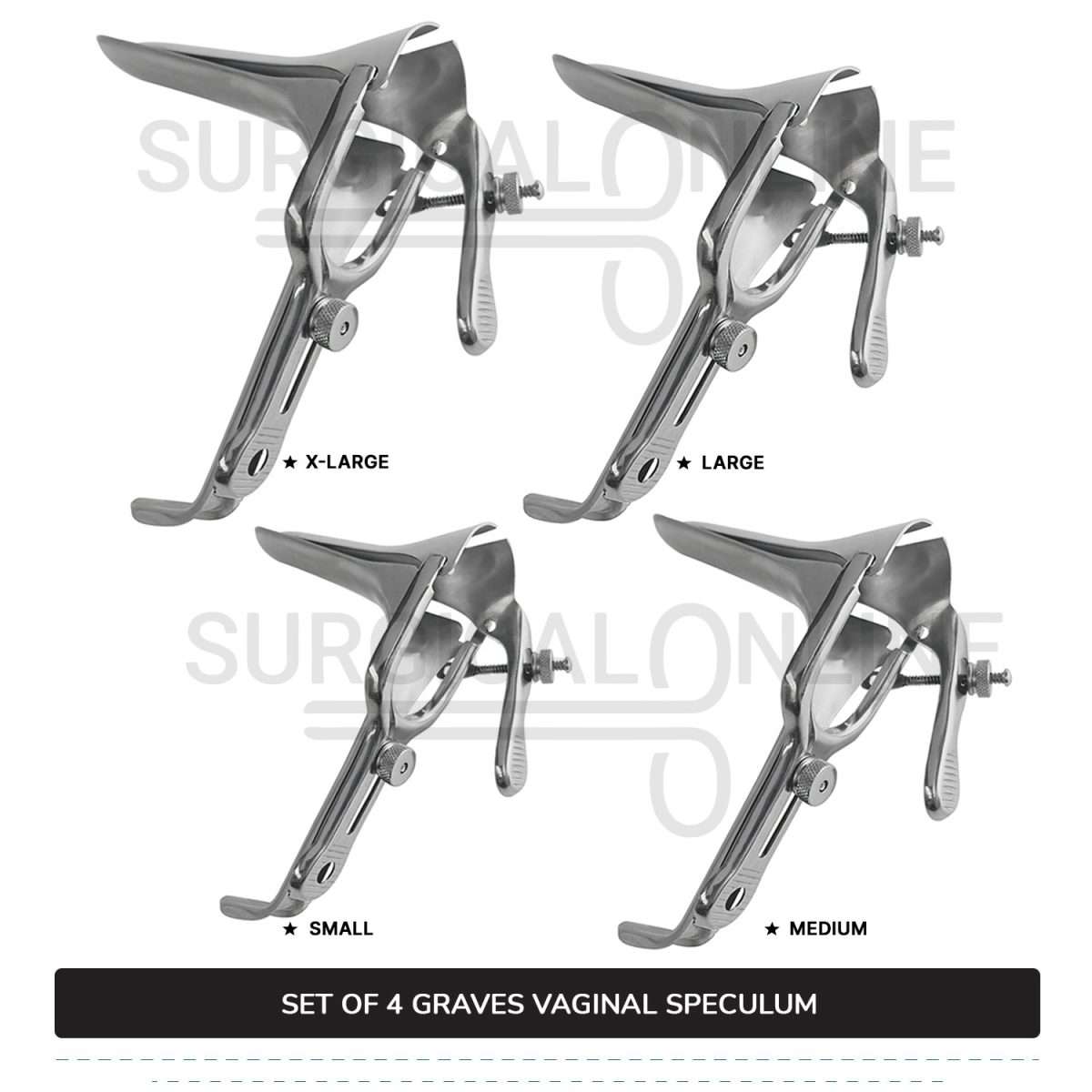 Set of 4 Pcs Grave Vaginal Speculum Small, Medium, Large, & X-Large OB/Gyne Surgical