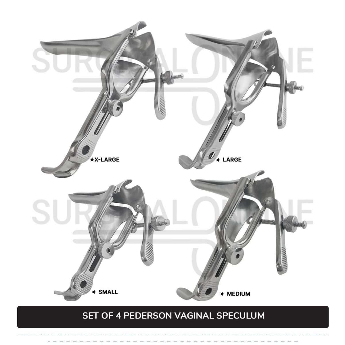 Set of 4 Pcs Pederson Vaginal Speculum Small, Medium, Large, & X-Large OB/Gyne Surgical