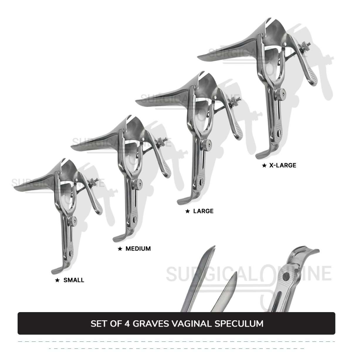 Set of 4 Pcs Grave Vaginal Speculum Small, Medium, Large, & X-Large OB/Gyne Surgical