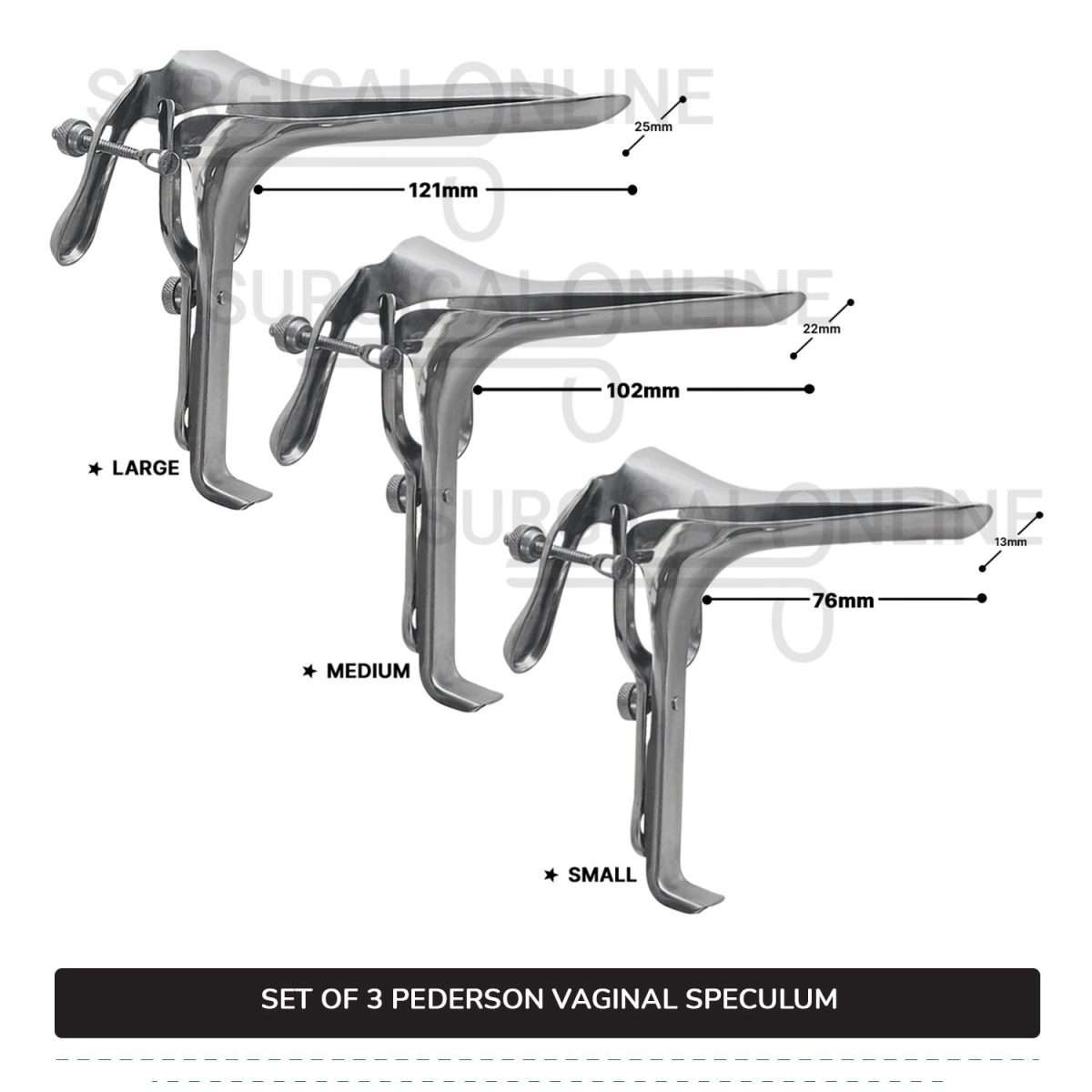 Set of 3 Pcs Pederson Vaginal Speculum Small, Medium, & Large OB/Gyne Surgical