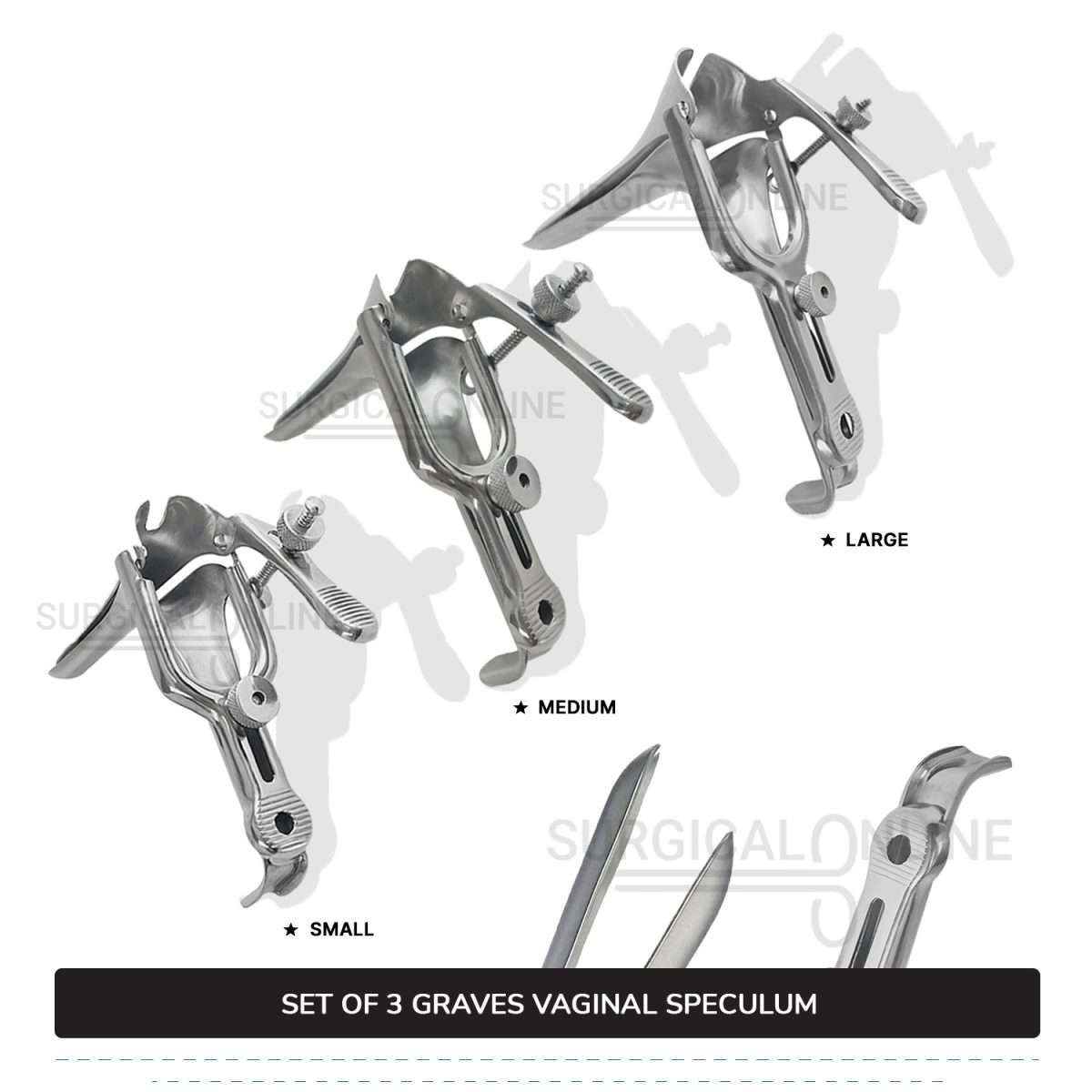 Set of 3 Pcs Grave Vaginal Speculum Small, Medium, & Large OB/Gyne Surgical
