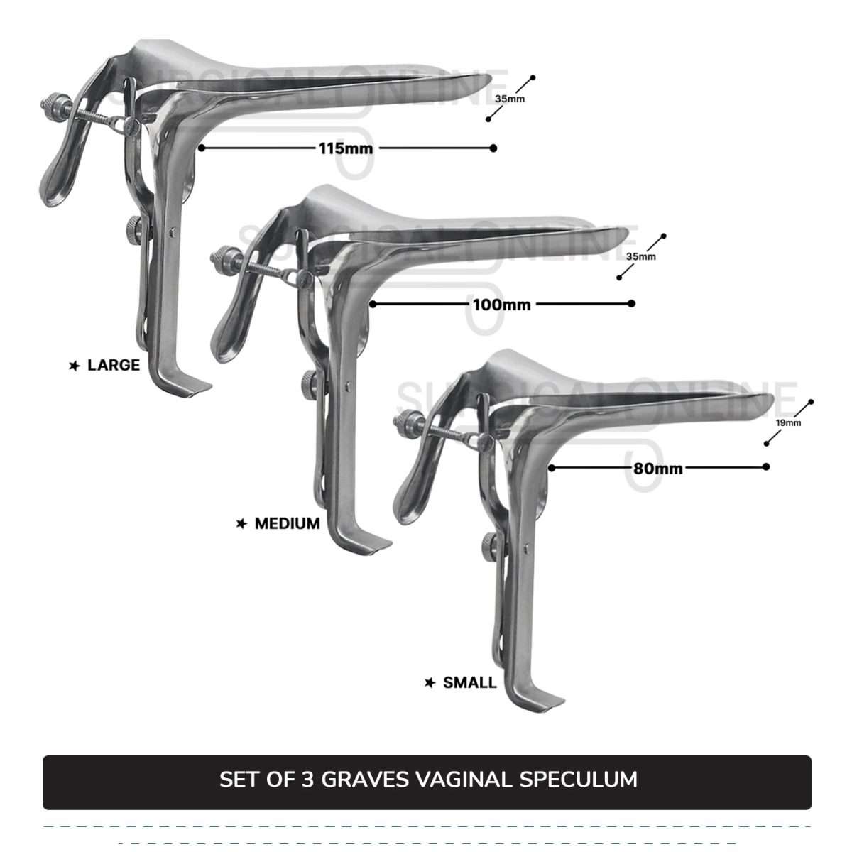 Set of 3 Pcs Grave Vaginal Speculum Small, Medium, & Large OB/Gyne Surgical