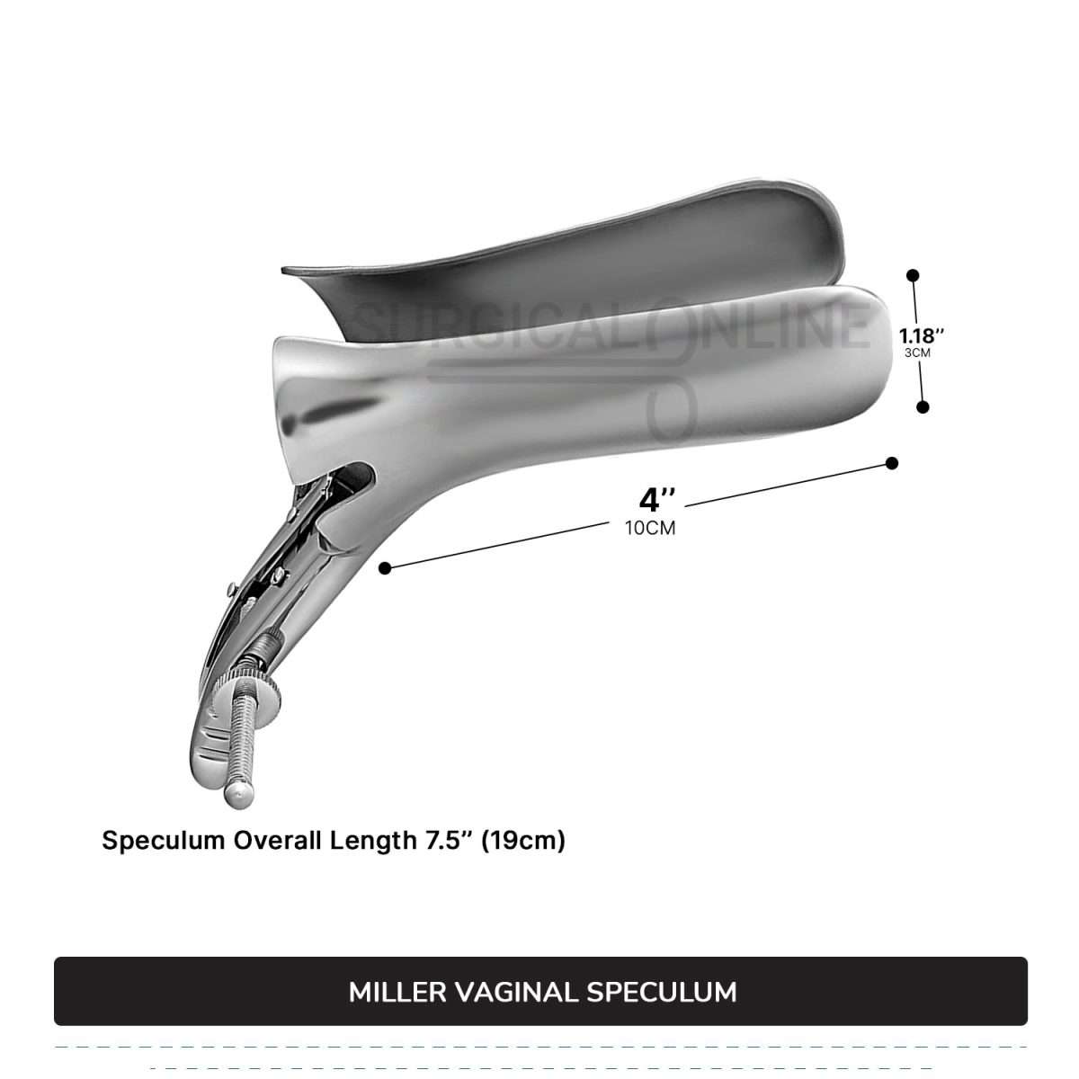 Miller Vaginal Speculum 4" (10 cm) X 1 1/5" (3 cm) Blades, 3.5" (8.9 cm) Handle With Two Adjustable Set Screws