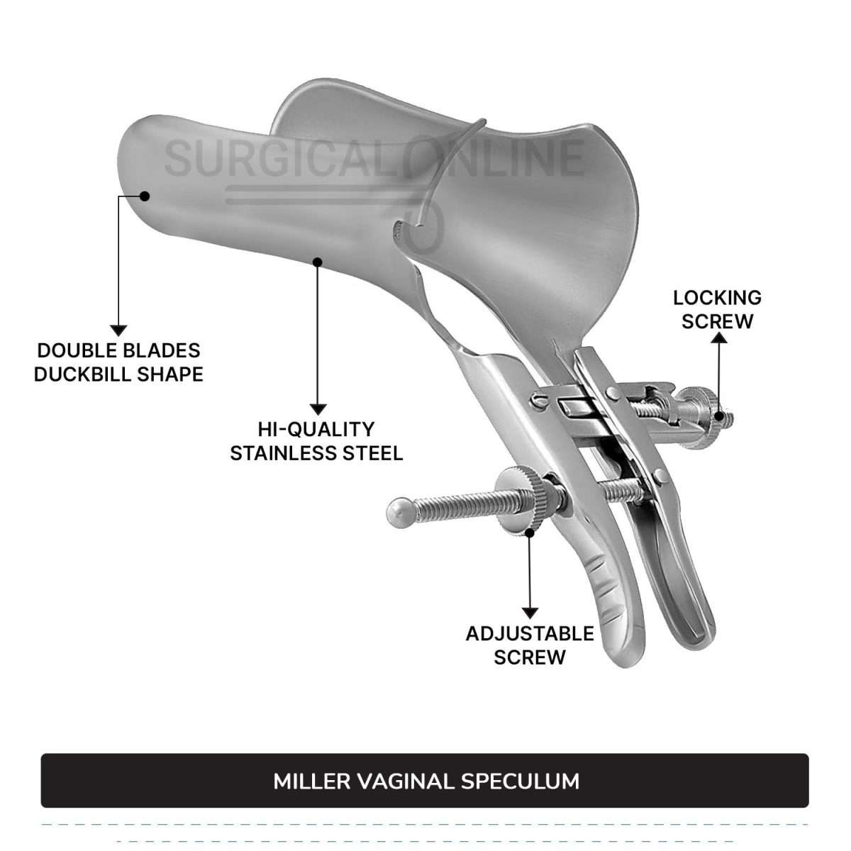 Miller Vaginal Speculum 4" (10 cm) X 1 1/5" (3 cm) Blades, 3.5" (8.9 cm) Handle With Two Adjustable Set Screws