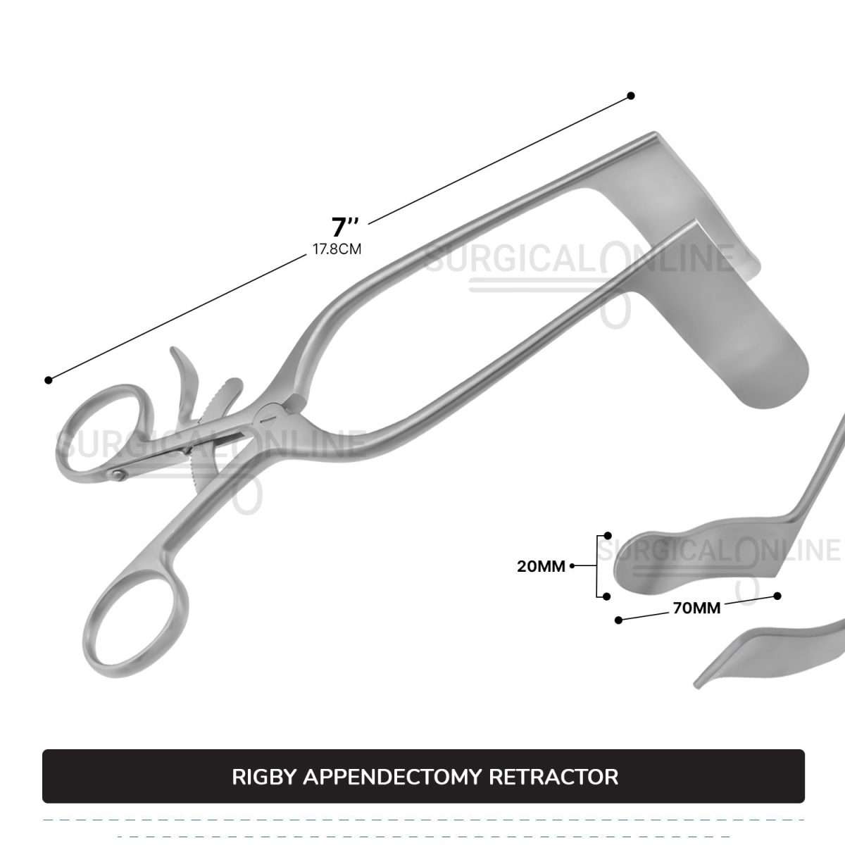 Rigby Appendectomy Retractor 7" (17.8 cm) Long, 7/9" (2 cm) x 2 3/4" (7cm) Blades With Grip Lock Handle