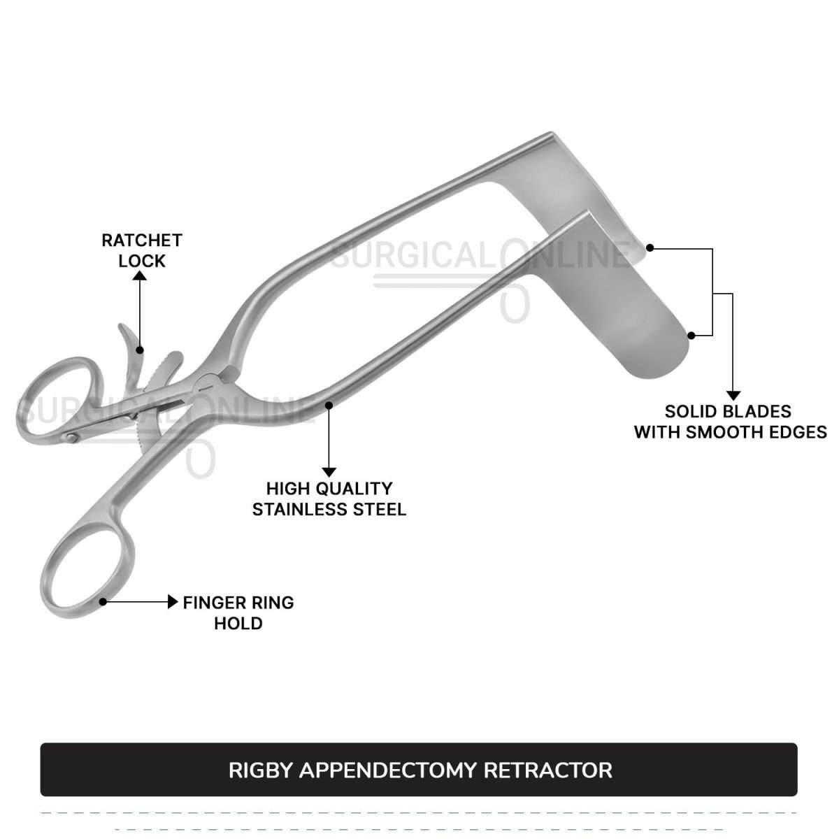Rigby Appendectomy Retractor 7" (17.8 cm) Long, 7/9" (2 cm) x 2 3/4" (7cm) Blades With Grip Lock Handle