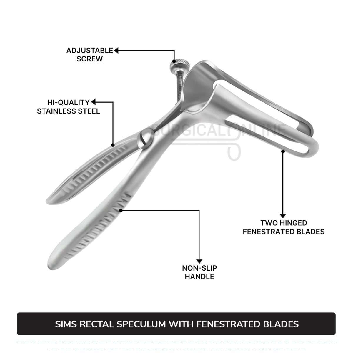 Sims Rectal Speculum, 6" (15.2 cm) Long, With Set Screw, Fenestrated Blades, 3 1/2" (8.9 cm) Long, 5/8" (1.6 cm) Wide