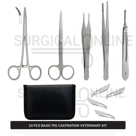 10 Pcs Basic Pig Castration Kit Stainless Steel Surgical Veterinary Instruments Set with ???? Carrying Case
