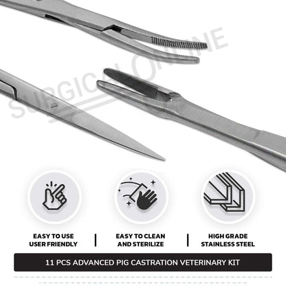 11 Pcs Advanced Pig Castration Kit Stainless Steel Surgical Veterinary Instruments Set with FREE Carrying Case