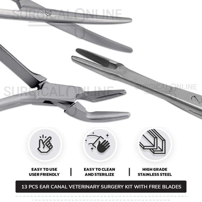 13 Pcs Animal Ear Surgery Kit Stainless Steel Veterinary Instruments Set with ???? Surgical Scalpel Blades