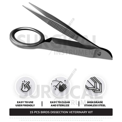 15 Pcs Birds Dissection Kit Stainless Steel Surgical Veterinary Instruments Set with FREE Carrying Case