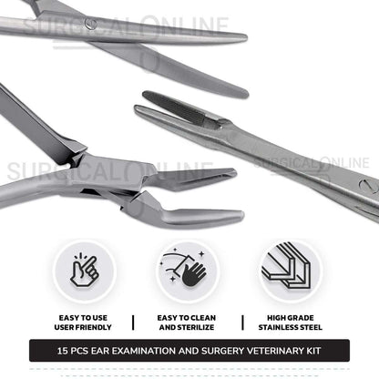 15 Pcs Ear Examination And Surgery Kit Stainless Steel Veterinary Instruments Set with ???? Surgical Scalpel Blades