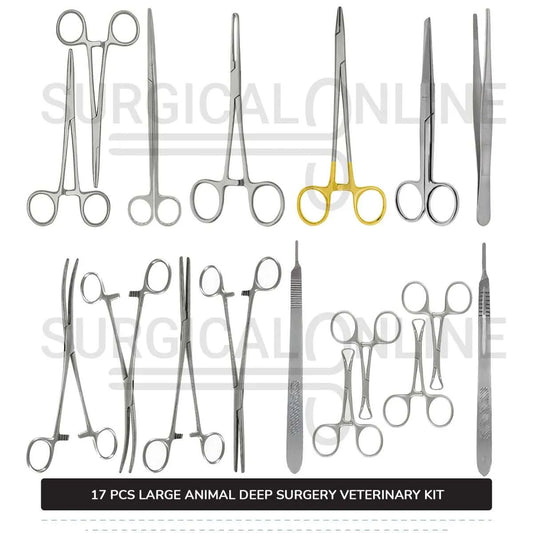 17 Pcs Large Animal Deep Surgery Kit Stainless Steel Veterinary Instruments Set with ???? Surgical Scalpel Blades