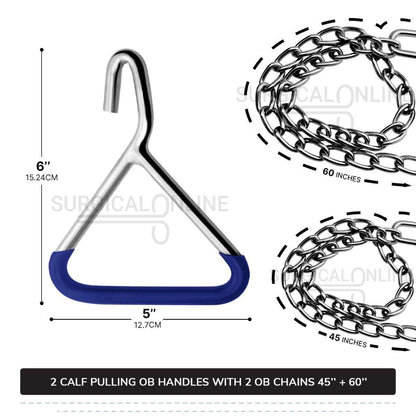 2 Ob Chains 45" & 60" With 2 Ob Handles Calf Pulling Cattle Birth Delivery Set Surgical Veterinary Instruments