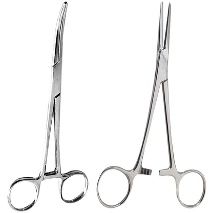 2 Piece Curved & Straight 8" Hemostat Set - Stainless Steel Locking Tweezer Clamps