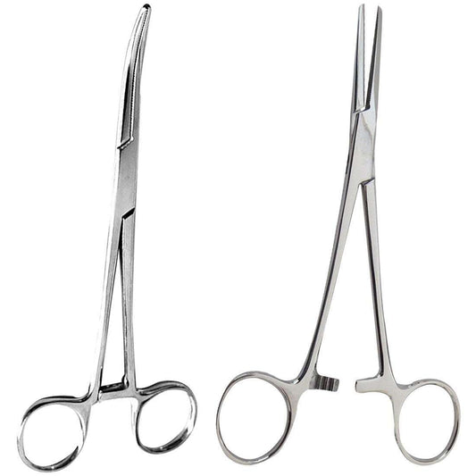 2 Piece Curved & Straight 8" Hemostat Set - Stainless Steel Locking Tweezer Clamps