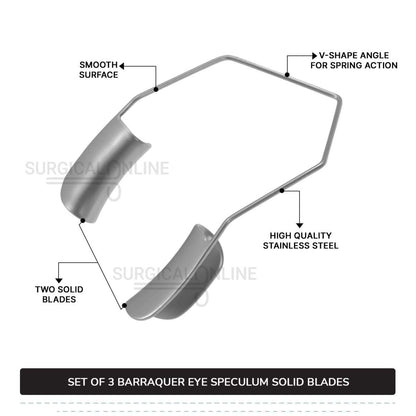 3 Pcs Barraquer Wire Speculum Set Small, Medium, & Large, with 2 Solid Blades Ophthalmic Surgical Instruments