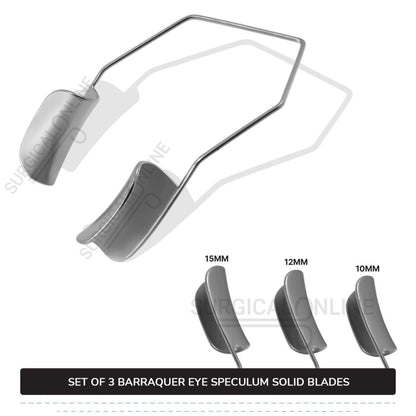 3 Pcs Barraquer Wire Speculum Set Small, Medium, & Large, with 2 Solid Blades Ophthalmic Surgical Instruments